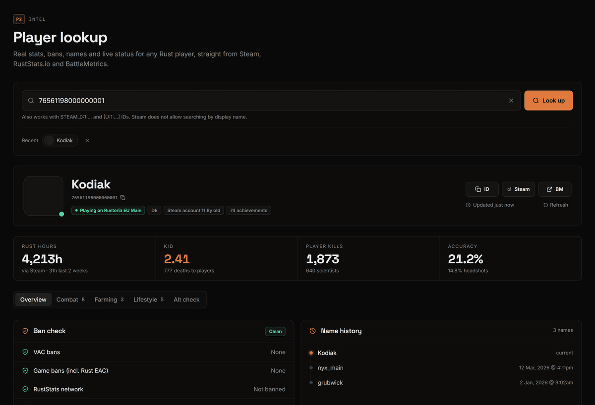Player lookup in the RustSurvivor dashboard: hours, K/D, kills, accuracy, ban check and name history